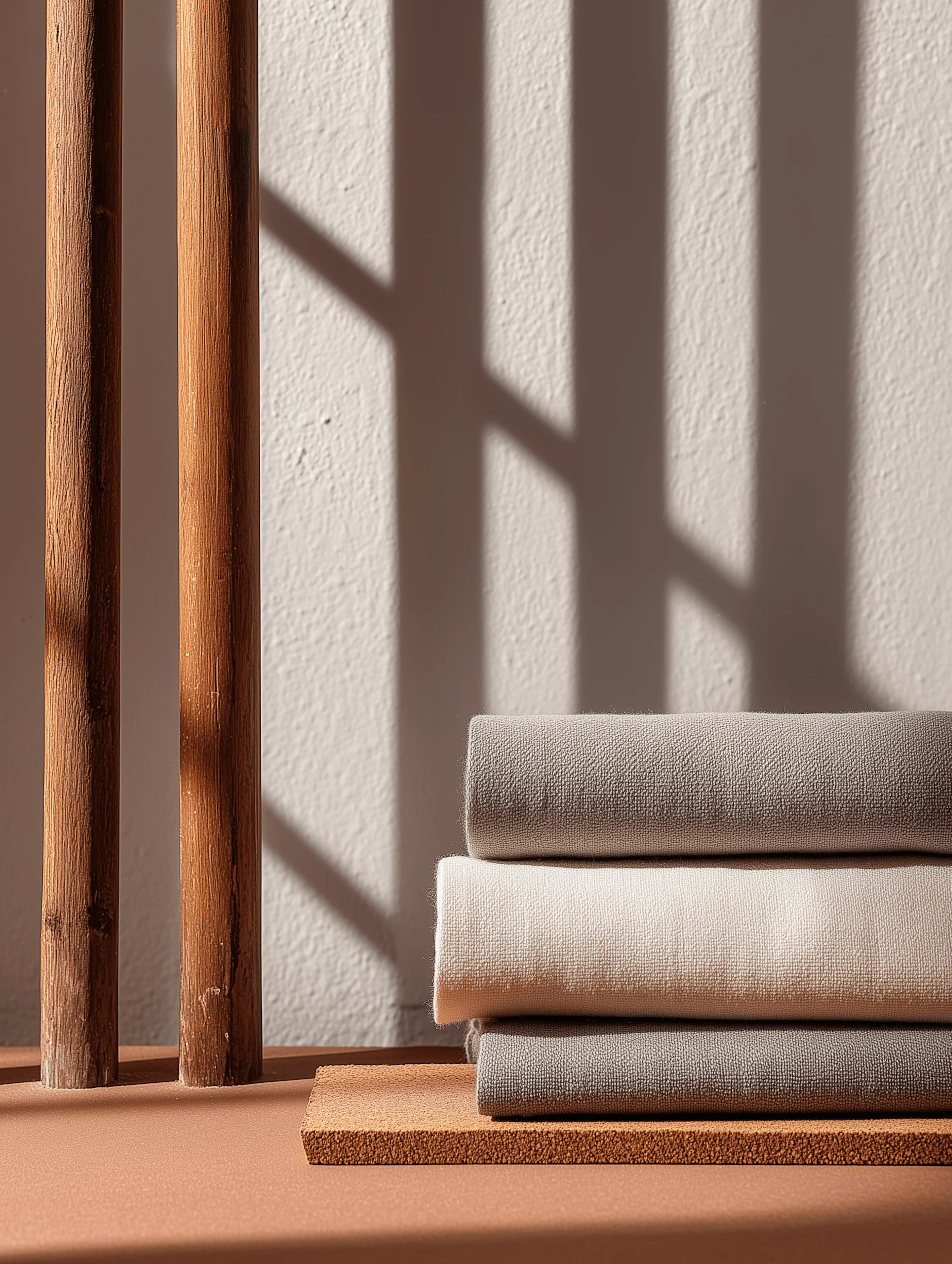 A stack of folded gray and cream linen on a cork board beside two wooden posts, with window shadows falling across a pale plaster wall