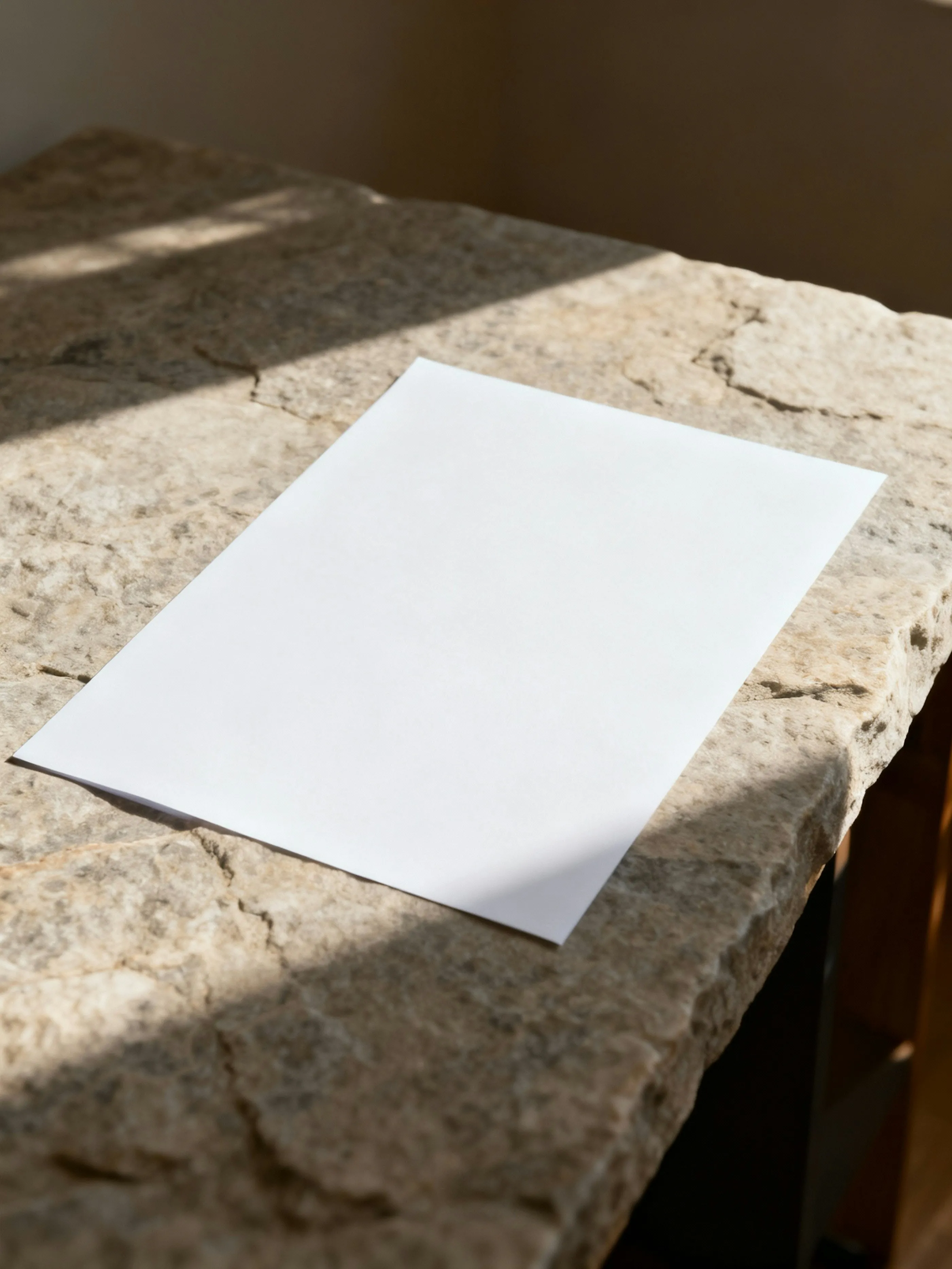 A blank white sheet of paper lying on a rough stone slab, crossed by bands of hard sunlight