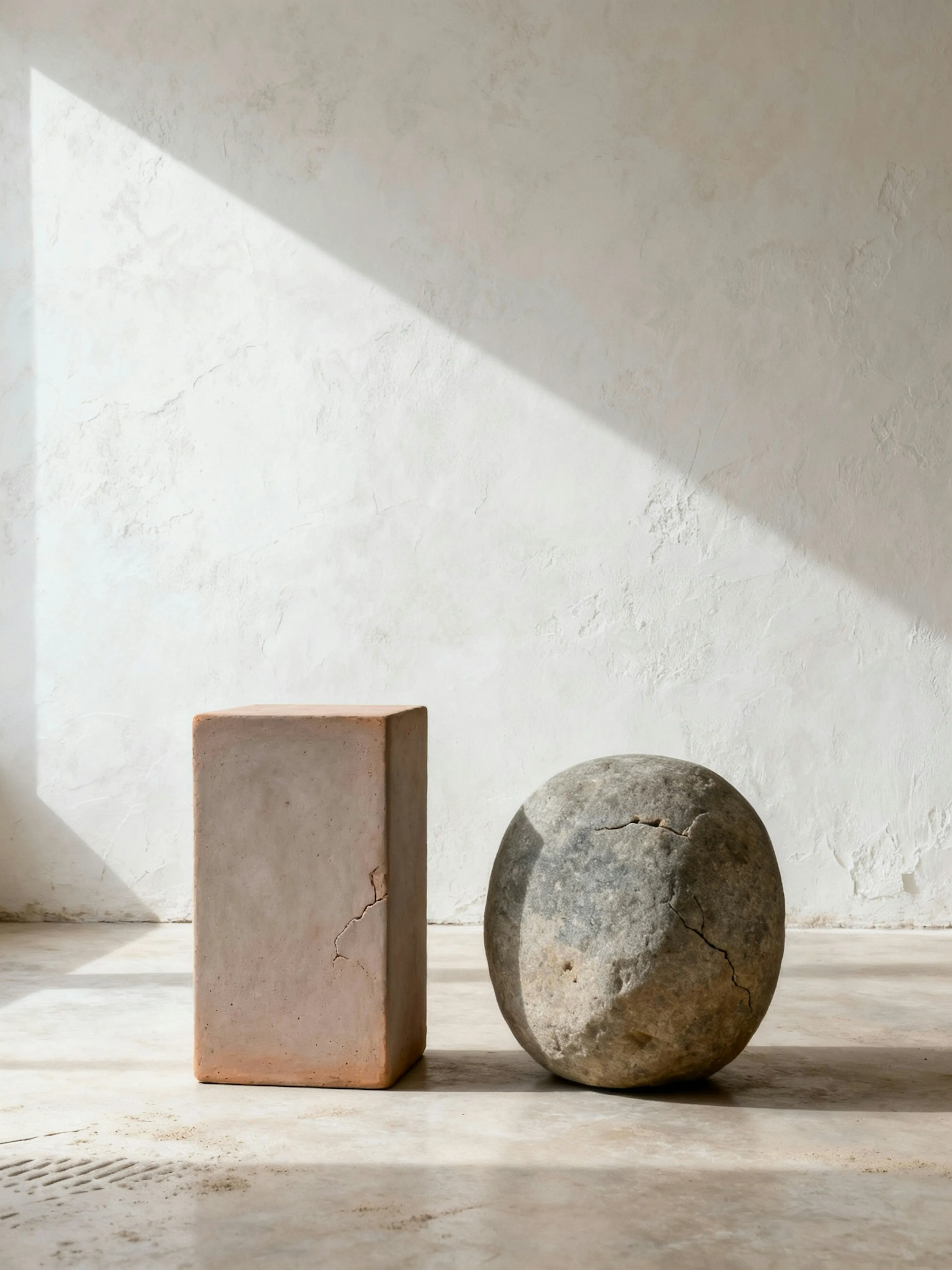 A terracotta block and a rounded gray stone side by side on a plaster floor, under a hard diagonal band of sunlight