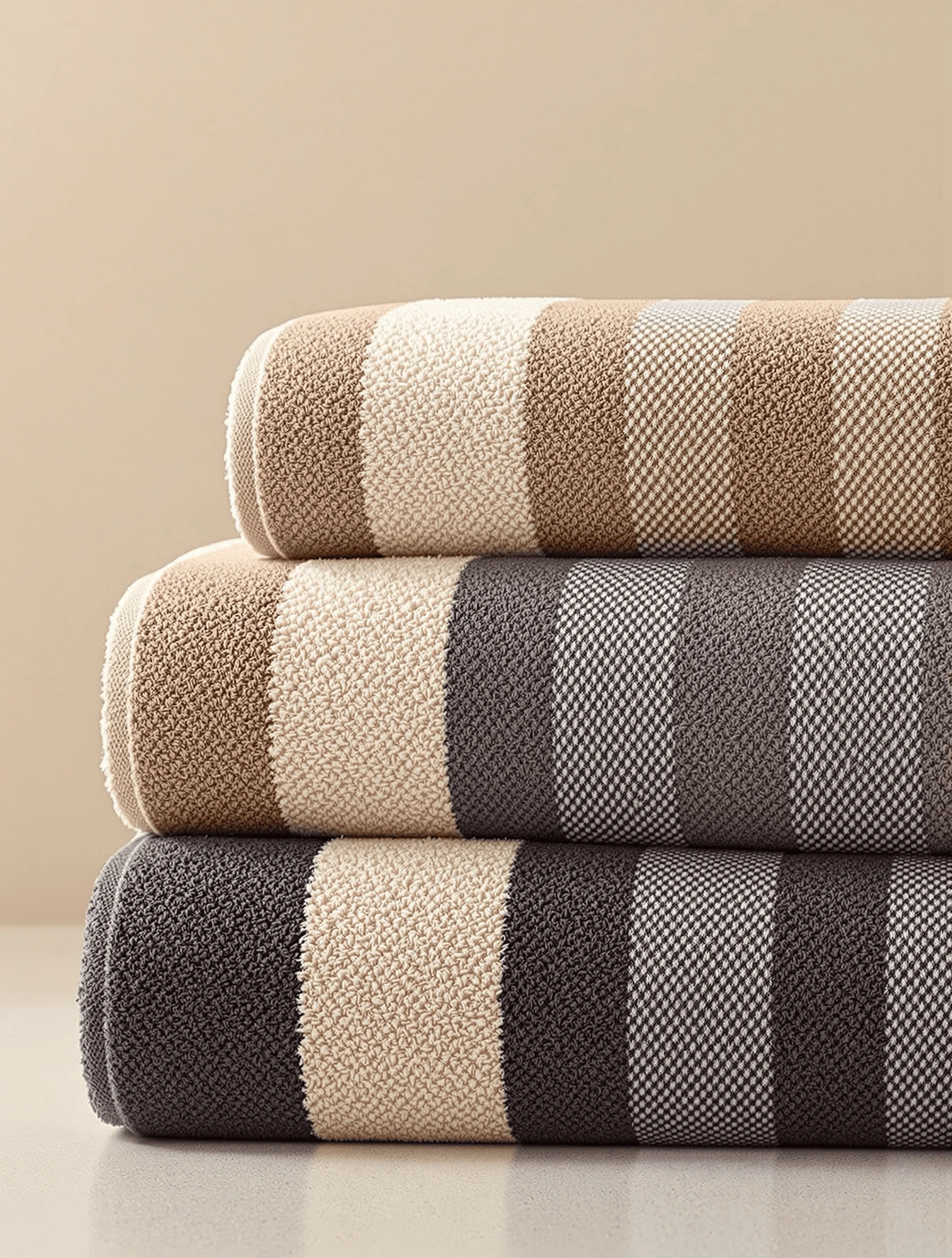 Three folded towels with the same wide stripe pattern stacked neatly against a plain beige wall