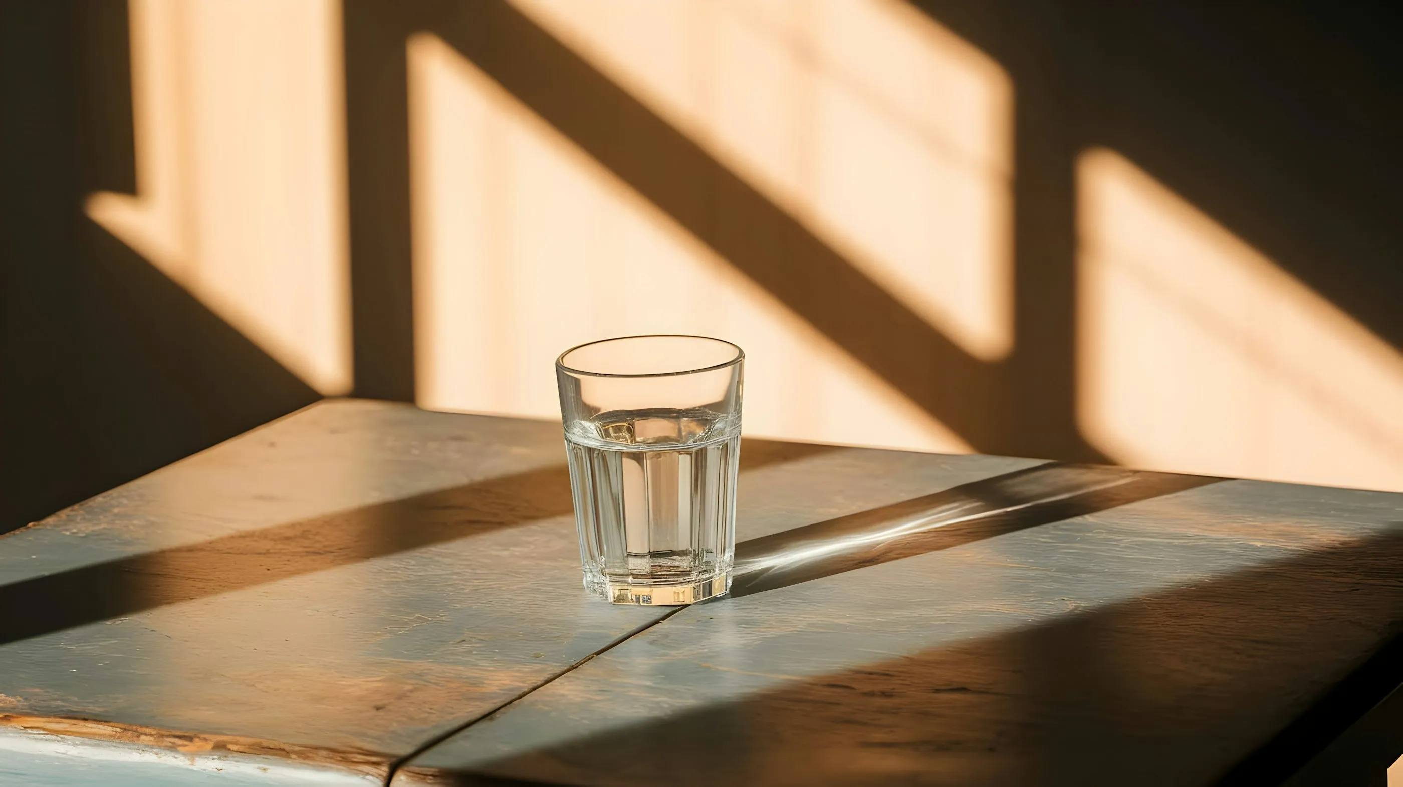 A single glass of water on a weathered wooden table, crossed by sharp window shadows in warm afternoon light