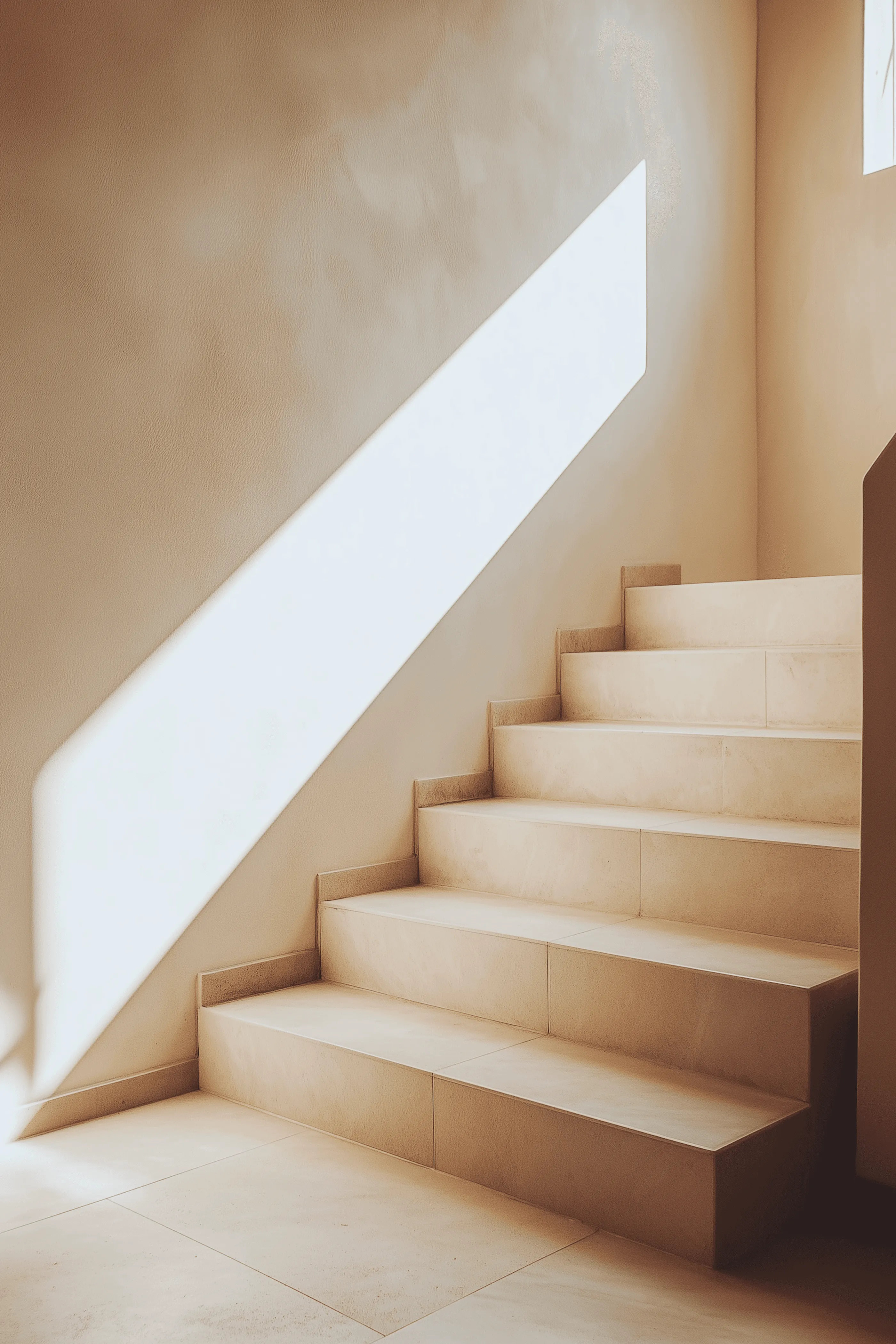 A pale stone staircase climbing along a plaster wall, with a sharp diagonal beam of sunlight cast above the steps
