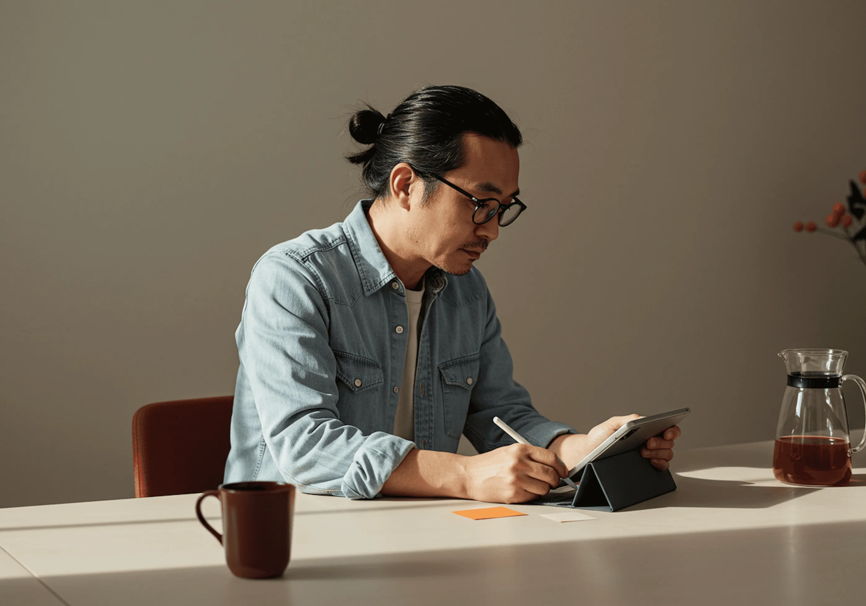 A man in a denim shirt working on a tablet at a table beside a mug and a glass jug
