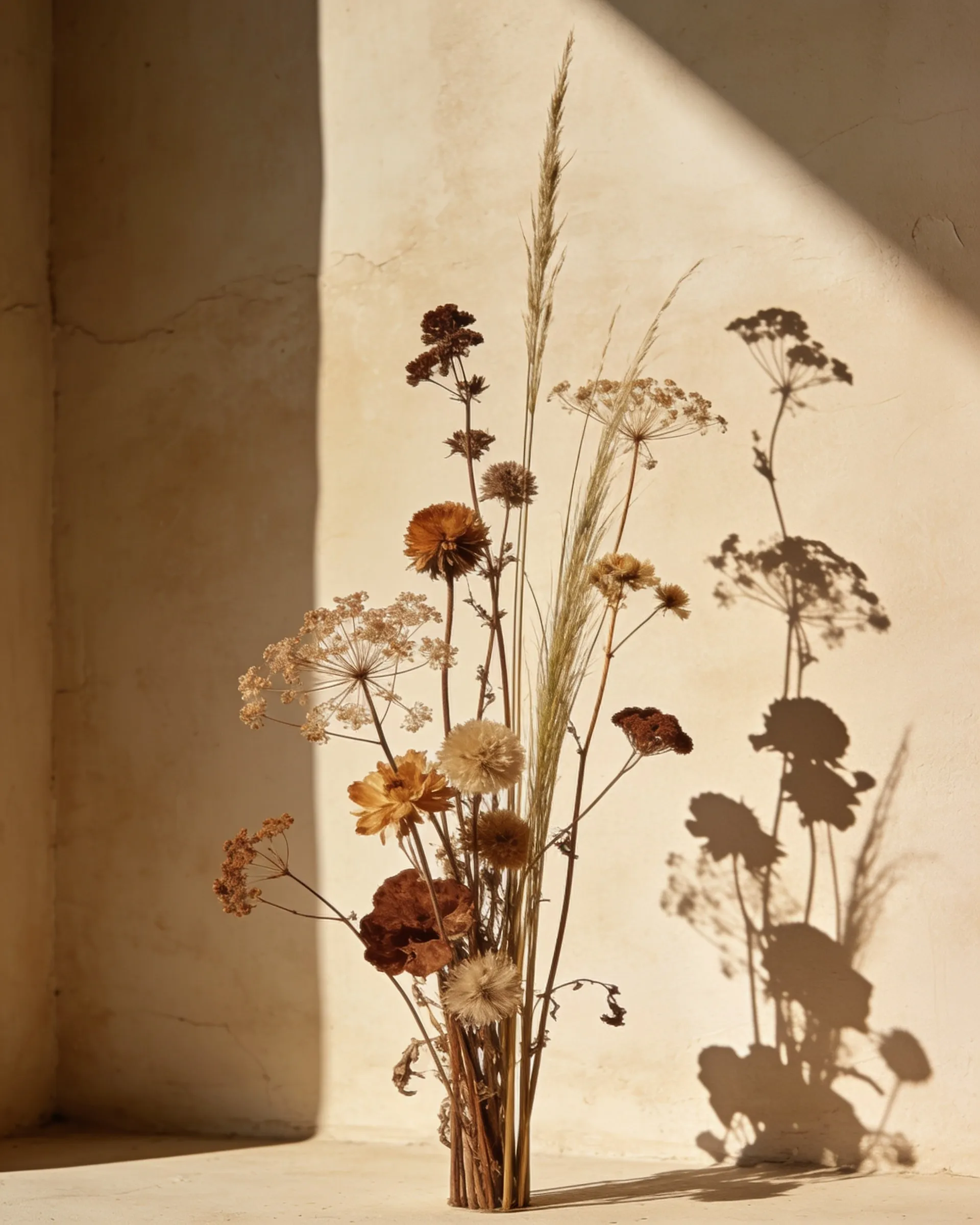Dried wildflowers and grasses against a plaster wall, their shadows cast by hard afternoon light — the botanical reference behind Aster’s new positioning