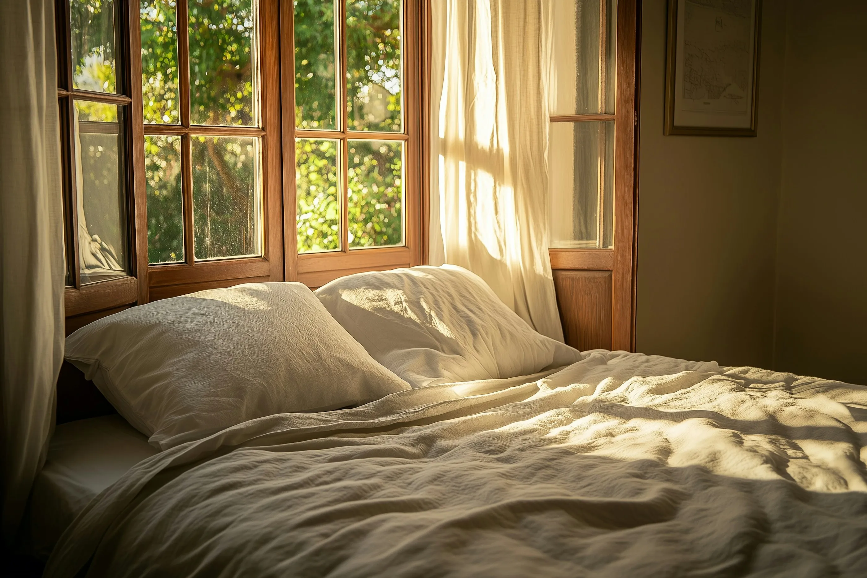 A bed with rumpled white linen in morning light from an open window