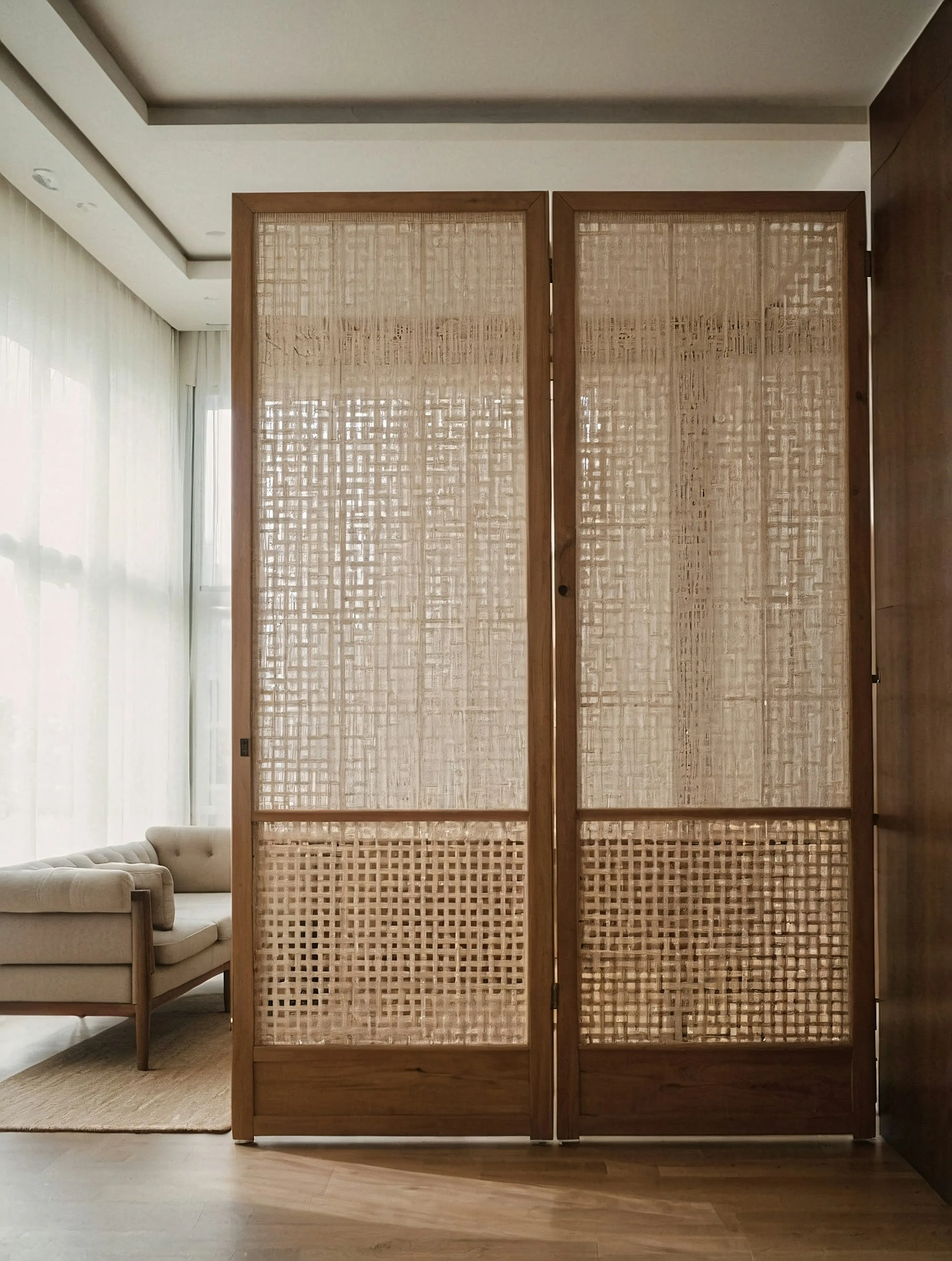 Tall wooden lattice doors in a pale, sunlit guest room