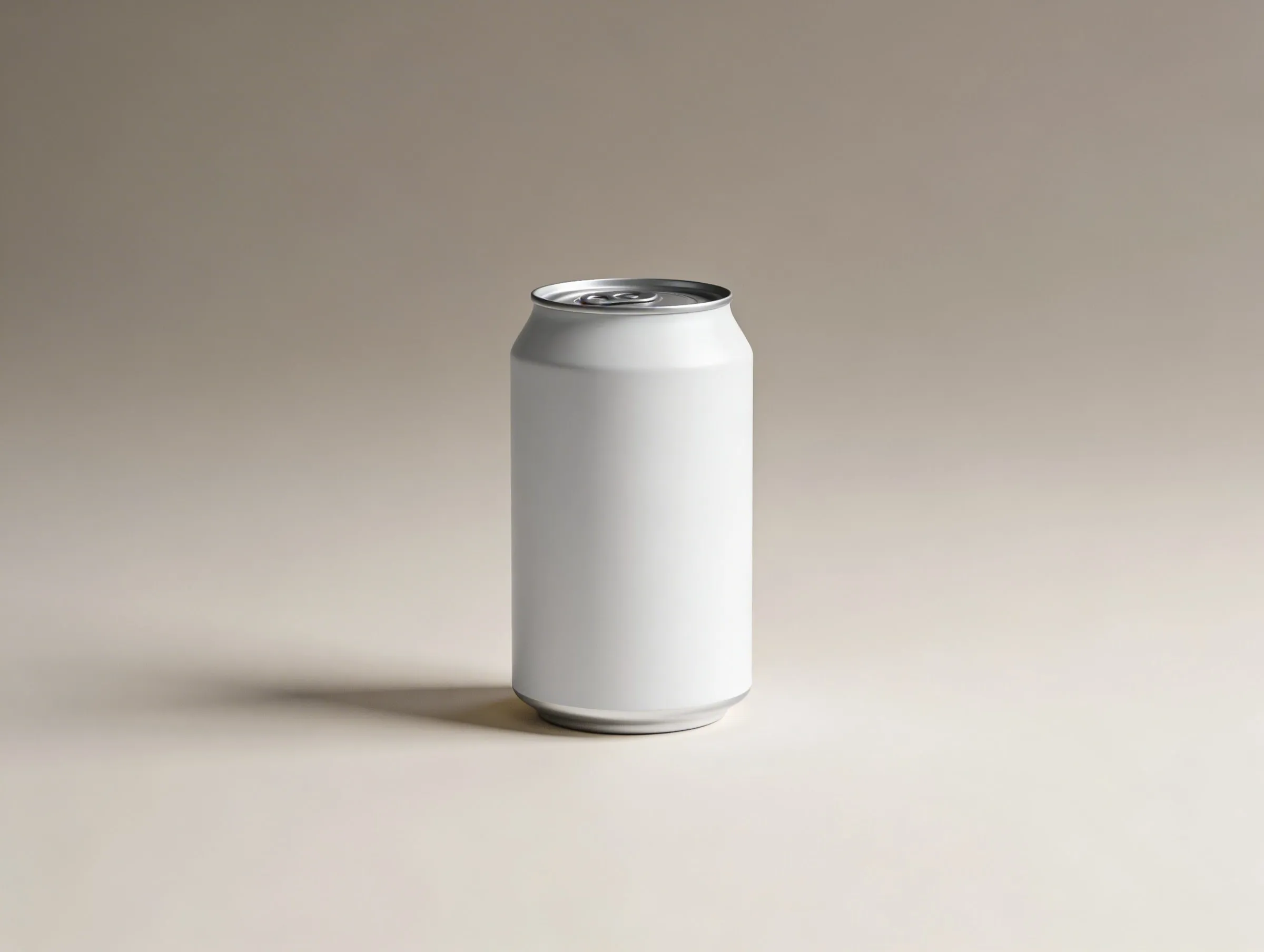 A single white Aster can on a pale, empty surface, its soft shadow falling to one side