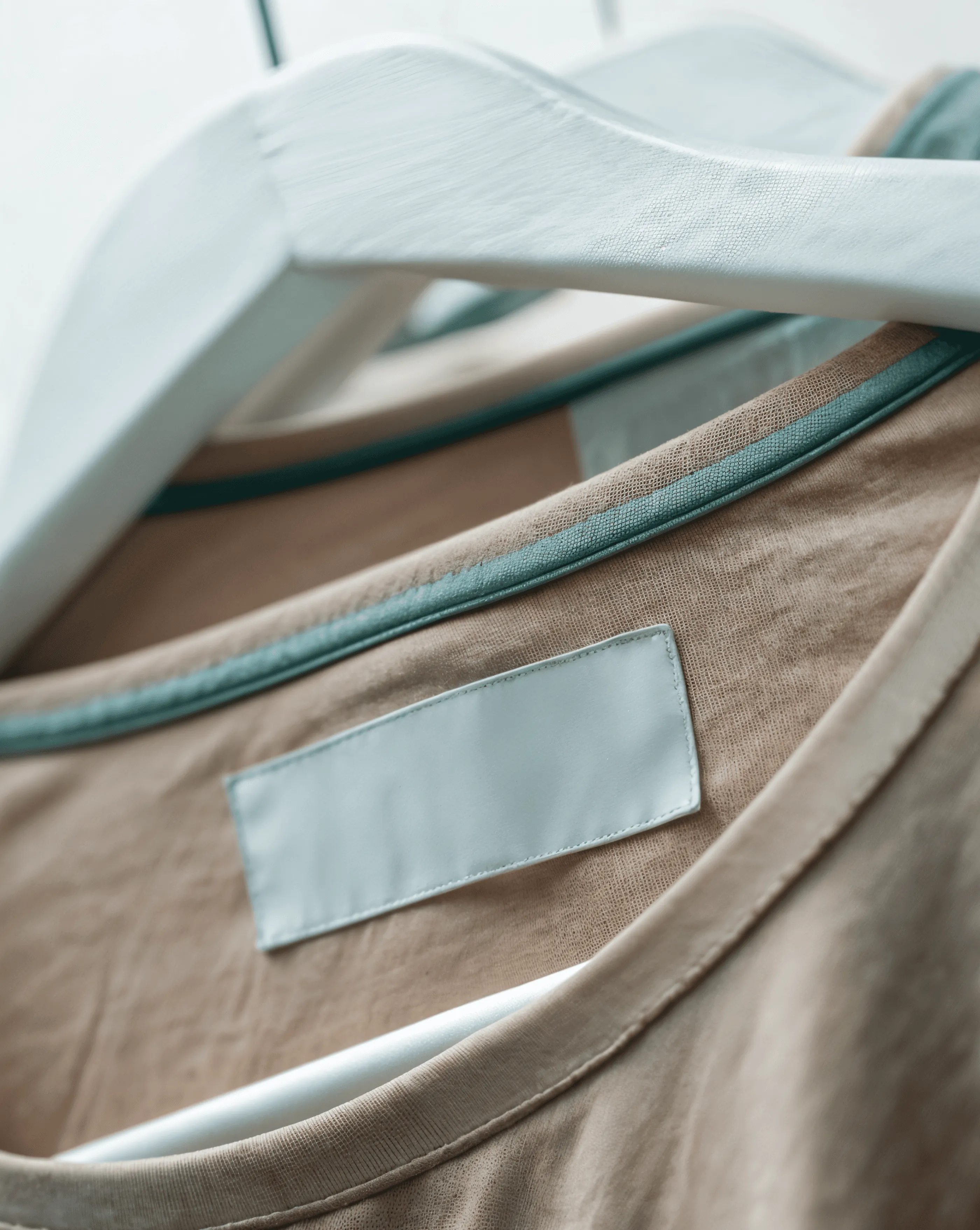 A blank fabric label on a sage garment hanging from a white hanger