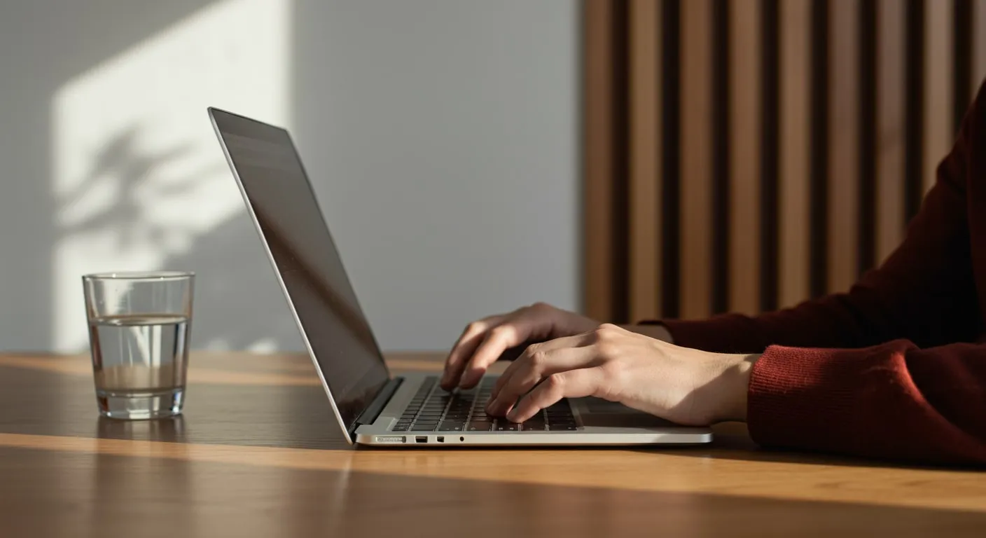 Hands typing on a laptop at a wooden table beside a glass of water, in soft window light