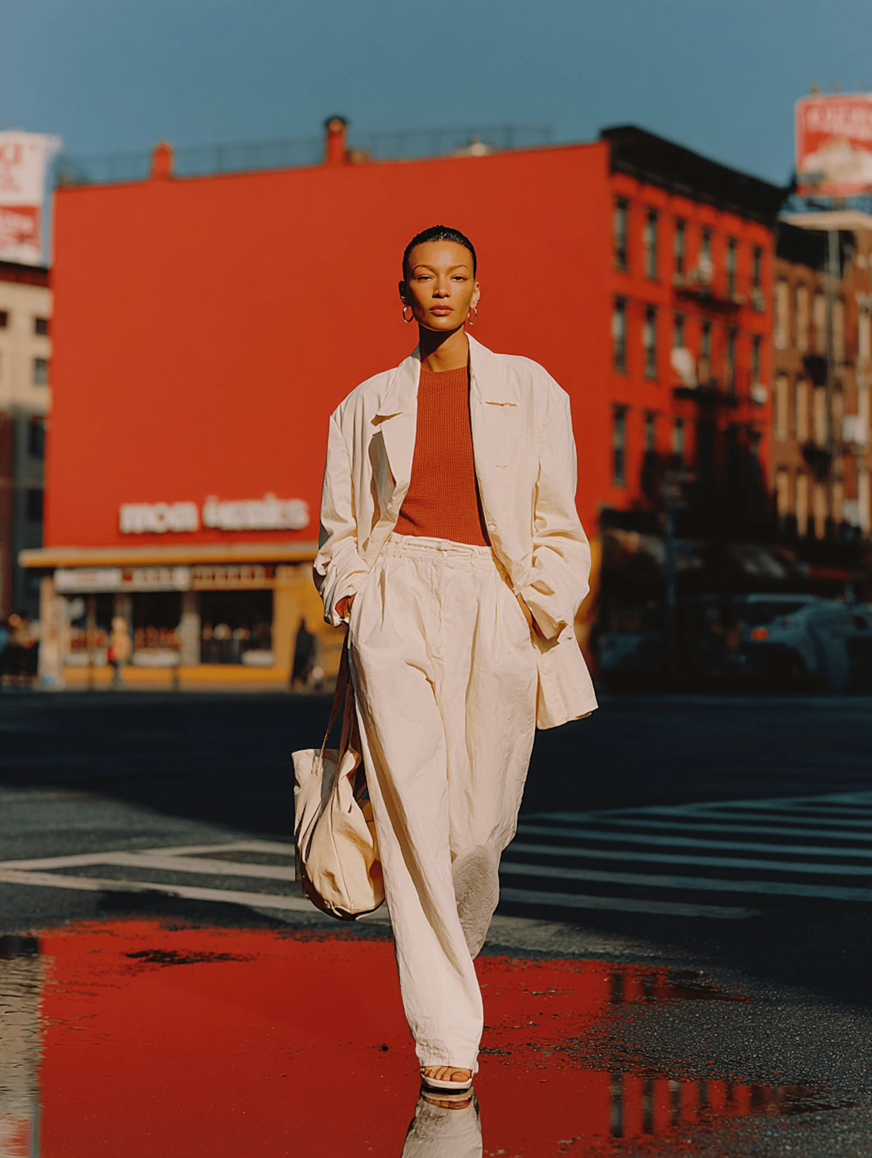 A woman in a pale jacket and trousers walking across a sunlit city street past a red building