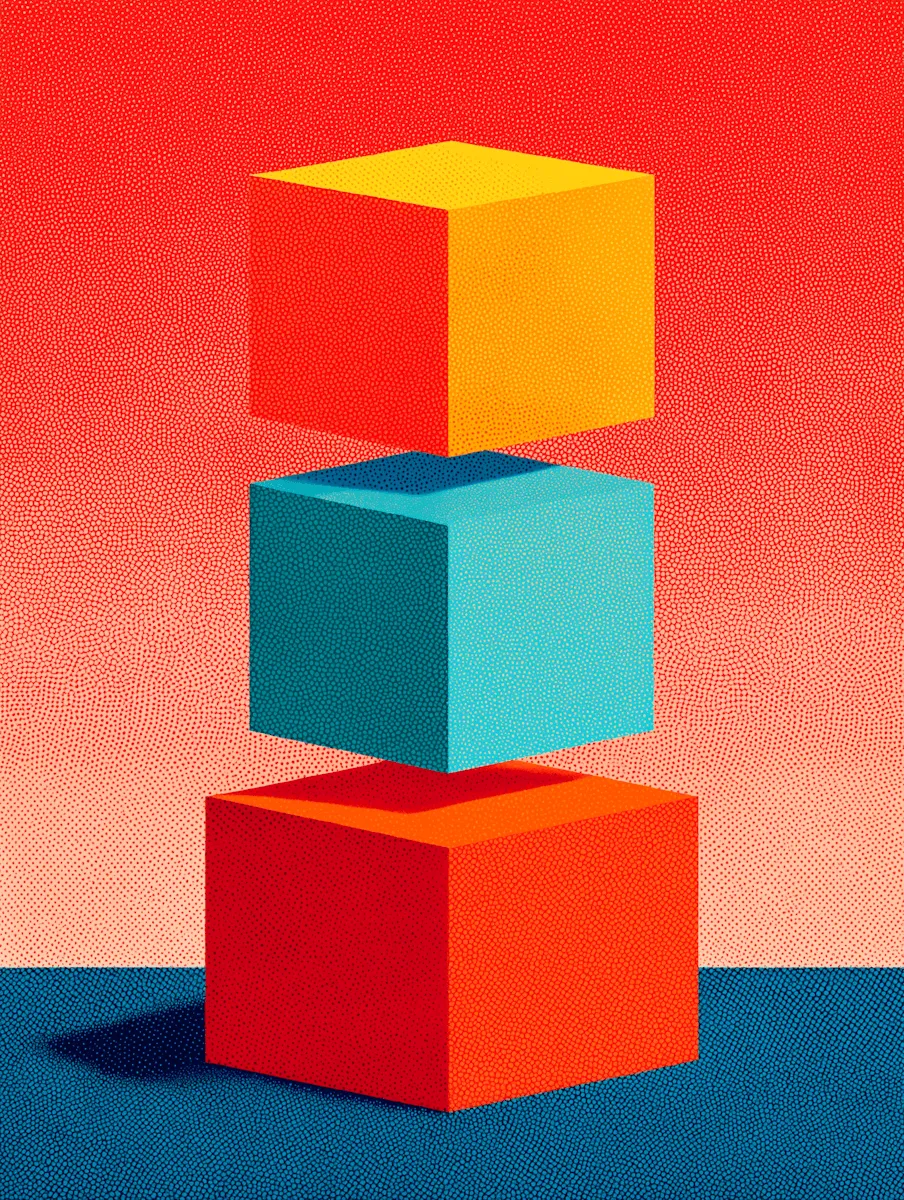 Three stacked cubes in orange, teal and red against a coral wall and a navy floor