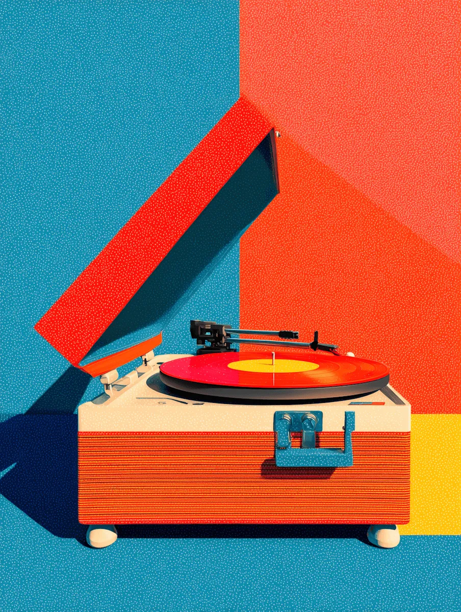A retro record player with its lid open against blue and coral color blocks