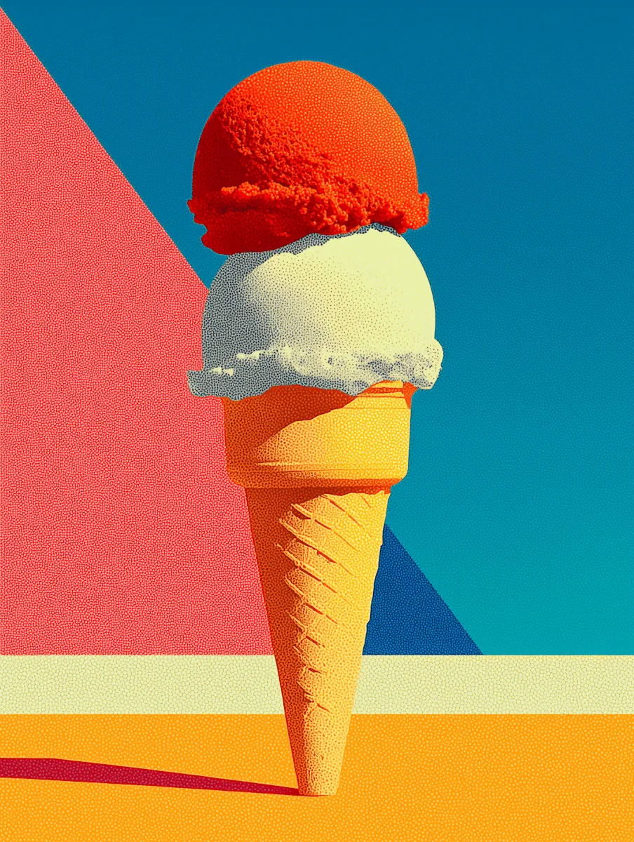A two-scoop ice cream cone against pink, blue and yellow color blocks