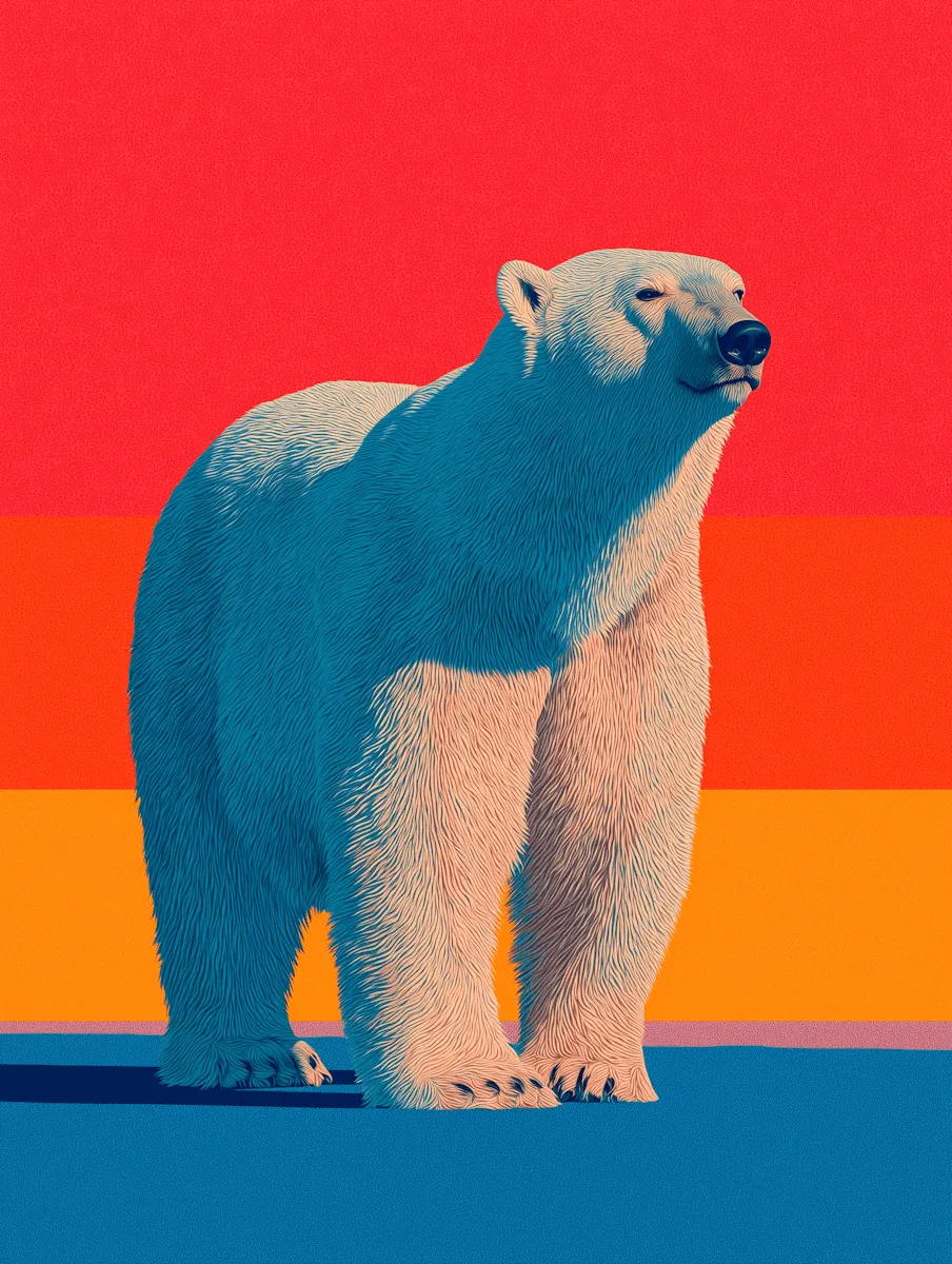 A polar bear standing in front of red and orange stripes on a blue floor