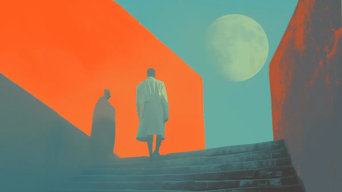 Two figures climbing a shadowed stairway beside a bright orange wall under a pale full moon